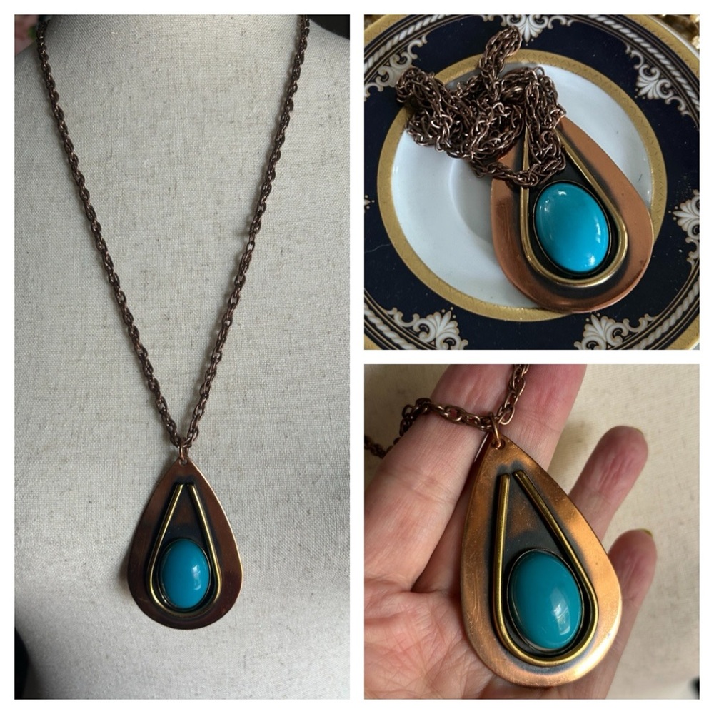 Vintage Turquoise and Copper Teardrop Pendant Necklace